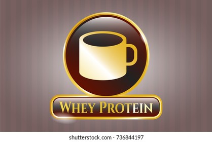  Golden emblem with coffee cup icon and Whey Protein text inside