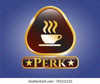  Golden emblem with coffee cup icon and Perk text inside