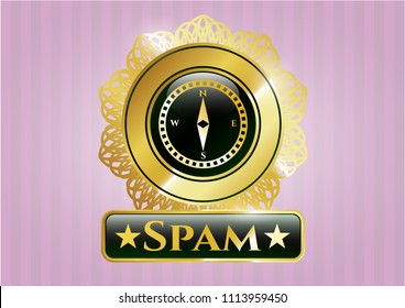   Golden emblem with compass icon and Spam text inside