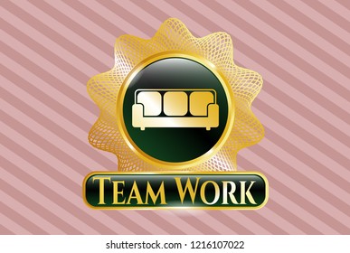  Golden emblem with couch icon and Team Work text inside