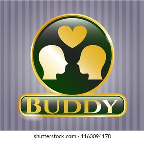  Golden emblem with couple in love icon and Buddy text inside