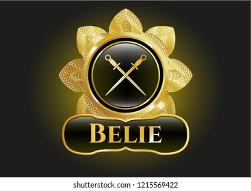  Golden emblem with crossed swords icon and Belie text inside