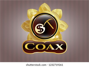 Golden emblem with cryptocurrency mining icon and Coax text inside