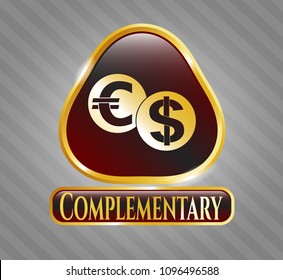   Golden emblem with currency exchange icon and Complementary text inside