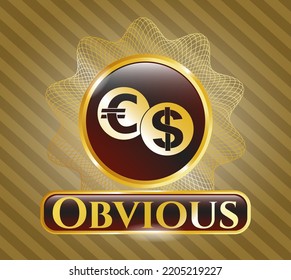 Golden Emblem With Currency Exchange Icon And Obvious Text Inside