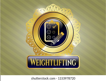  Golden emblem with customer feedback icon and Weightlifting text inside