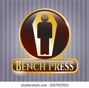  Golden emblem with dead man in his coffin icon and Bench Press text inside