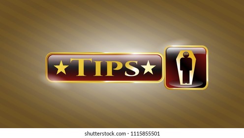  Golden emblem with dead man in his coffin icon and Tips text inside