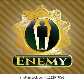  Golden emblem with dead man in his coffin icon and Enemy text inside