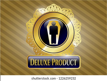  Golden emblem with dead man in his coffin icon and Deluxe Product text inside