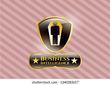  Golden emblem with dead man in his coffin icon and Business Intelligence text inside