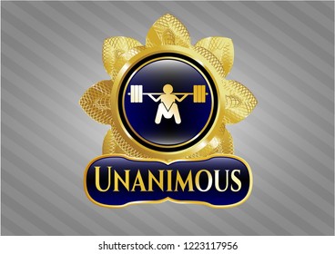  Golden emblem with deep squat icon and Unanimous text inside