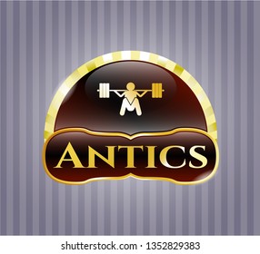  Golden emblem with deep squat icon and Antics text inside