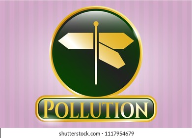 Golden emblem with directions sign icon and Pollution text inside