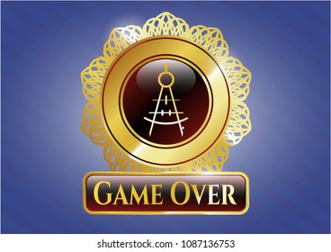   Golden emblem with drawing compass icon and Game Over text inside