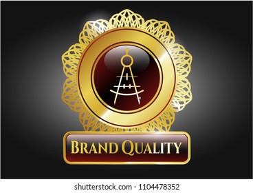  Golden emblem with drawing compass icon and Brand Quality text inside