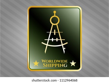   Golden emblem with drawing compass icon and Worldwide Shipping text inside