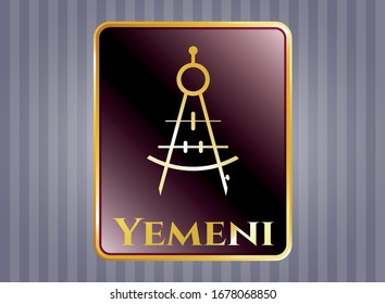  Golden emblem with drawing compass icon and Yemeni text inside