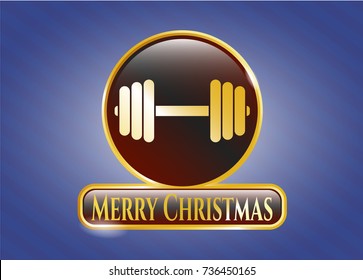  Golden emblem with dumbbell icon and Merry Christmas text inside