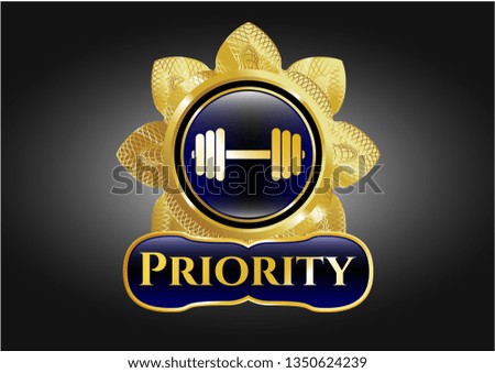  Golden emblem with dumbbell icon and Priority text inside