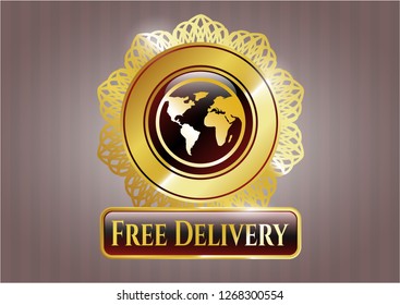  Golden emblem with earth icon and Free Delivery text inside