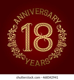 Golden emblem of eighteenth anniversary. Celebration patterned sign on red.