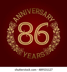 Golden emblem of eighty sixth anniversary. Celebration patterned sign on red.