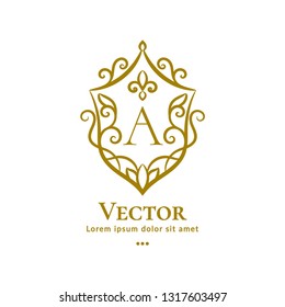 Golden emblem. Elegant, classic vector. Can be used for jewelry, beauty and fashion industry. Great for logo, monogram, invitation, flyer, menu, brochure, background, or any desired idea.
