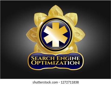  Golden emblem with emergency cross icon and Search Engine Optimization text inside