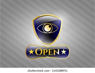  Golden emblem with eye icon and Open text inside