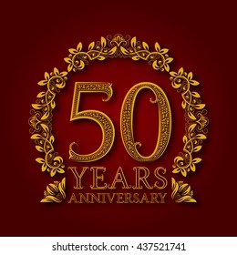 Golden emblem of fiftieth years anniversary. Celebration patterned logotype with shadow on red.