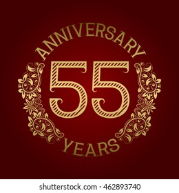 Golden emblem of fifty fifth anniversary. Celebration patterned sign on red.