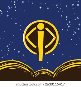 Golden emblem with a figure inside a circle against a starry night sky and stylized brown hills below