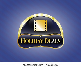  Golden emblem with film icon and Holiday Deals text inside