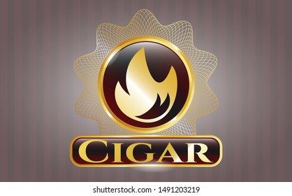  Golden emblem with fire icon and Cigar text inside