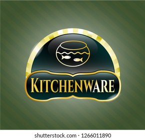  Golden emblem with fishbowl with fish icon and Kitchenware text inside