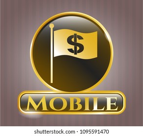  Golden emblem with flag with money symbol inside icon and Mobile text inside