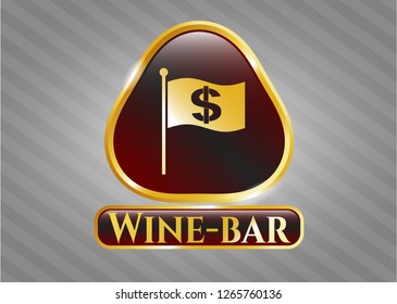  Golden emblem with flag with money symbol inside icon and Wine-bar text inside