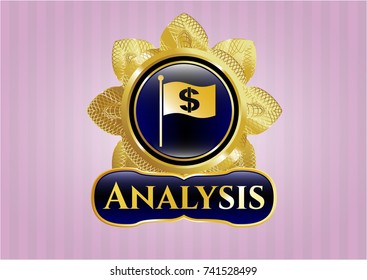  Golden emblem with flag with money symbol inside icon and Analysis text inside