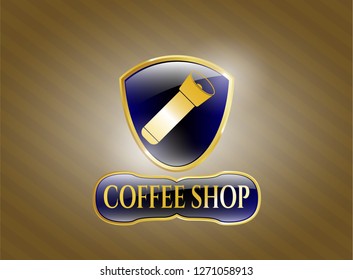  Golden emblem with flashlight icon and Coffee Shop text inside