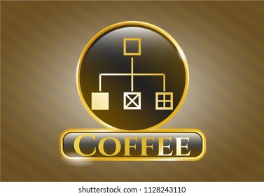  Golden emblem with flowchart icon and Coffee text inside