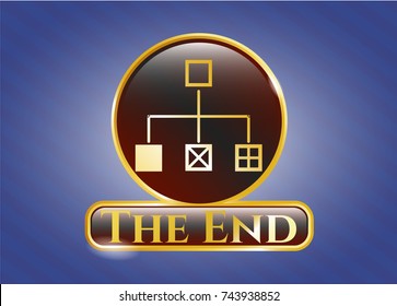  Golden emblem with flowchart icon and The End text inside