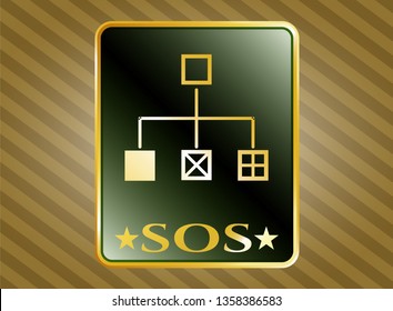  Golden emblem with flowchart icon and SOS text inside