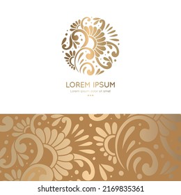 Emblema dorado con flor en forma de círculo. Se puede usar para la joyería, la belleza y la industria de la moda. Ideal para logotipo, monograma, invitación, volante, menú, fondo o cualquier idea deseada.