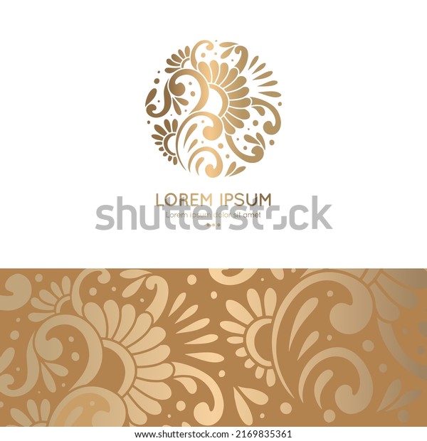 Golden\
emblem with flower in a circle shape. Can be used for jewelry,\
beauty and fashion industry. Great for logo, monogram, invitation,\
flyer, menu, background, or any desired\
idea.