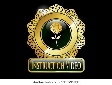  Golden emblem with flower icon and Instruction Video text inside