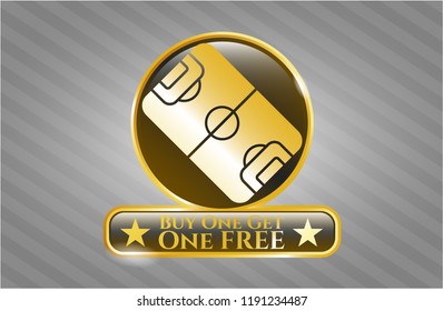  Golden emblem with football field icon and Buy one get One Free text inside