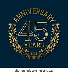 Golden emblem of forty fifth years anniversary. Celebration patterned logotype with shadow on blue.
