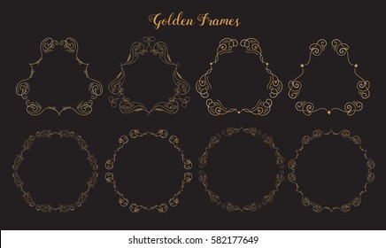 Golden emblem frames. Ornamental decorative elements. Gold flourishes. Shiny decorative hand drawn borders