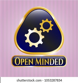   Golden emblem with gear, team work icon and Open Minded text inside